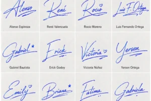 Collage de 20 firmas personales elegantes y fáciles para nombres latinos en estilo manuscrito.