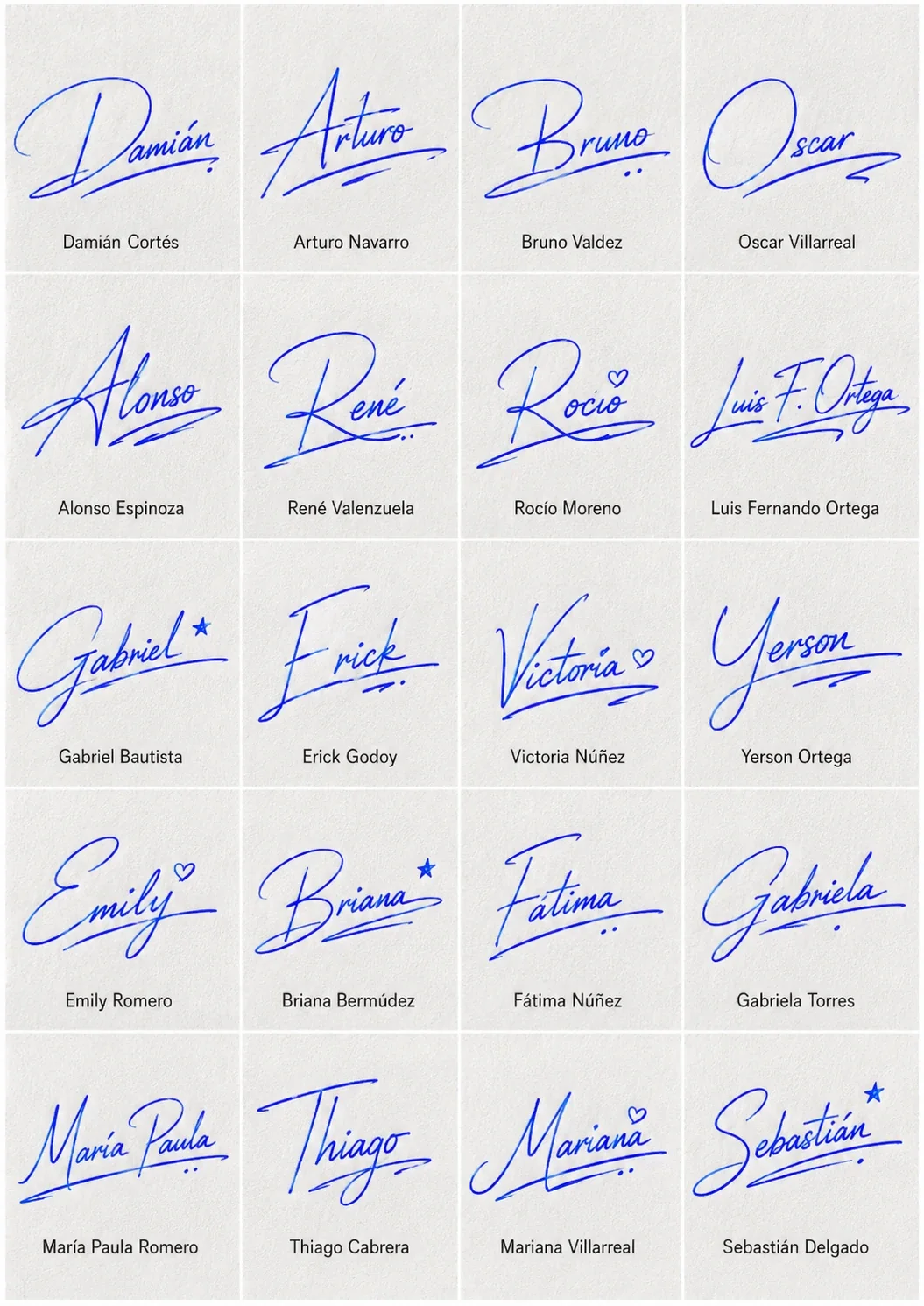Cómo crear una firma personal elegante y fácil Collage de 20 firmas personales elegantes y fáciles para nombres latinos en estilo manuscrito.