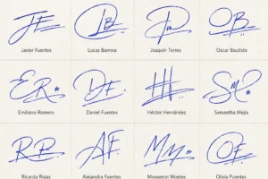 Collage de firmas con iniciales y apellido en estilo manuscrito para nombres latinos.