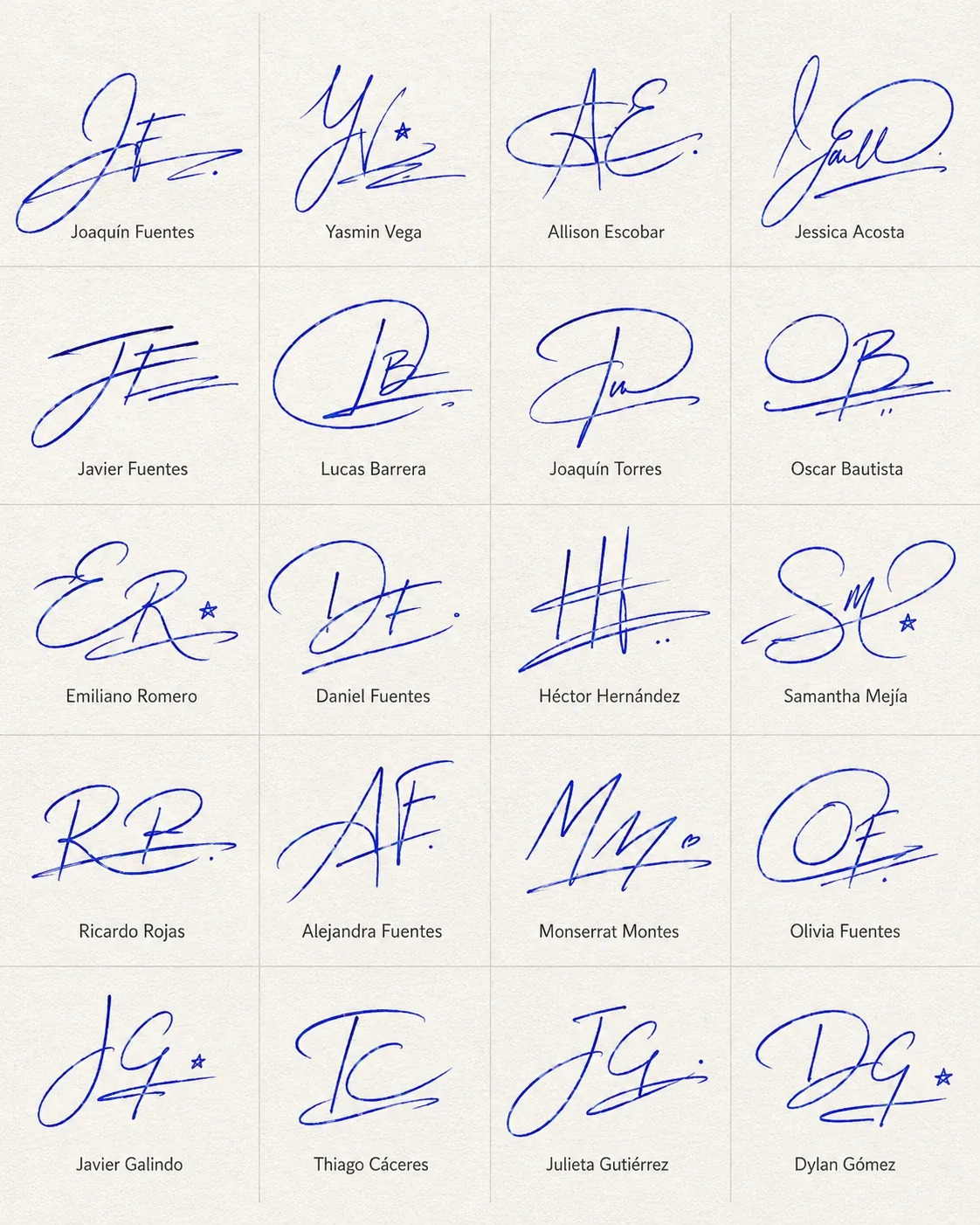 Cómo Diseñar una Firma con Iniciales y Apellido Collage de firmas con iniciales y apellido en estilo manuscrito para nombres latinos.