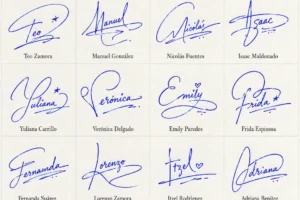 Collage de firmas bonitas para elegir un estilo manuscrito según tu nombre.