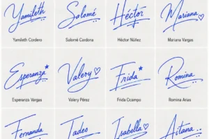 Collage con 20 ideas de firmas bonitas hechas con nombres latinos para aprender cómo crear una firma personal.
