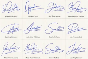 Collage de firmas con nombre y apellido en estilo manuscrito.