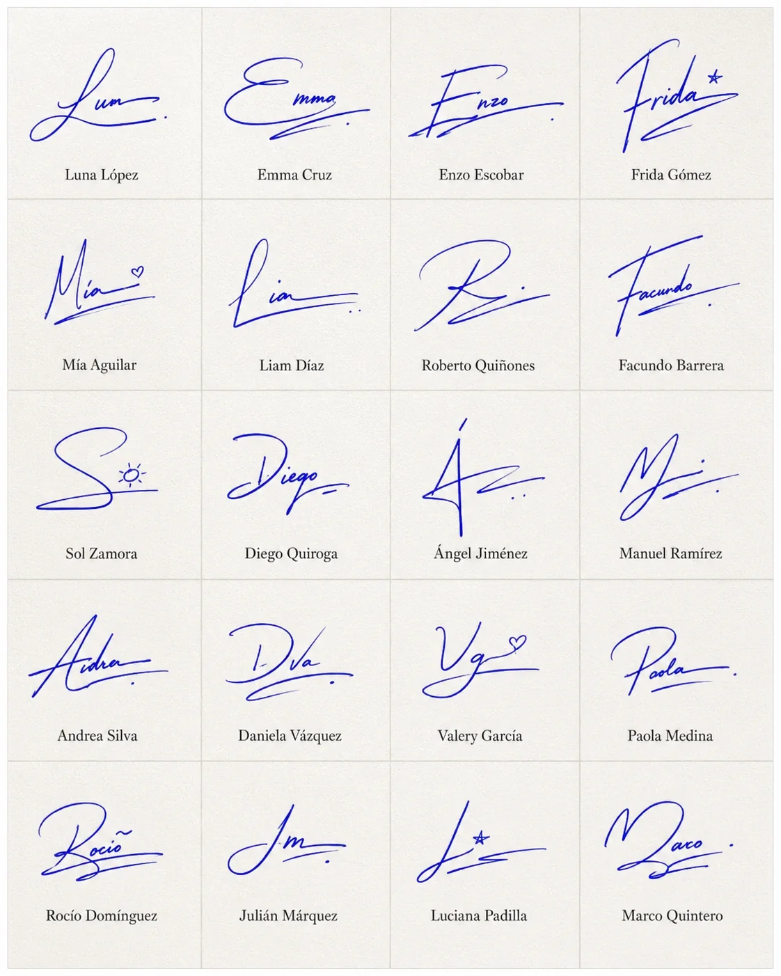 Cómo Hacer una Firma Corta y Fácil de Recordar Collage de firmas cortas y fáciles de recordar para nombres latinos.