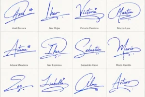Guía visual con consejos para mejorar tu firma manuscrita usando ejemplos de nombres latinos.