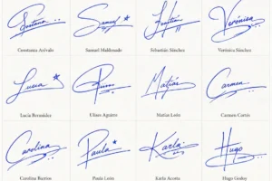 Guía visual para practicar una firma manuscrita hasta lograr un estilo elegante.