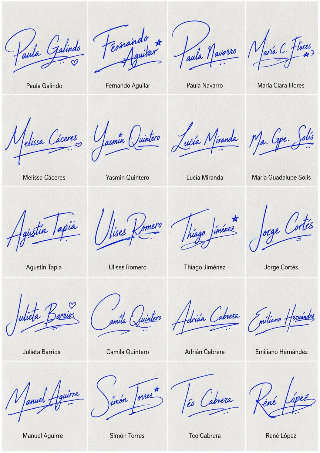 Ejemplos de firmas manuscritas para nombres latinos Collage de ejemplos de firmas manuscritas para nombres latinos con estilos bonitos.