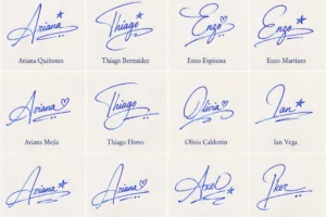 Collage de firmas aesthetic para nombres con cursiva azul, iniciales amplias, corazones y subrayados suaves.