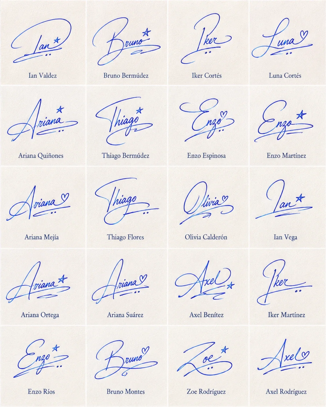 Firmas aesthetic para nombres: diseños bonitos Collage de firmas aesthetic para nombres con cursiva azul, iniciales amplias, corazones y subrayados suaves.
