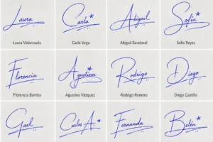 Collage de firmas bonitas para identificación con nombres latinos y estilos manuscritos claros.