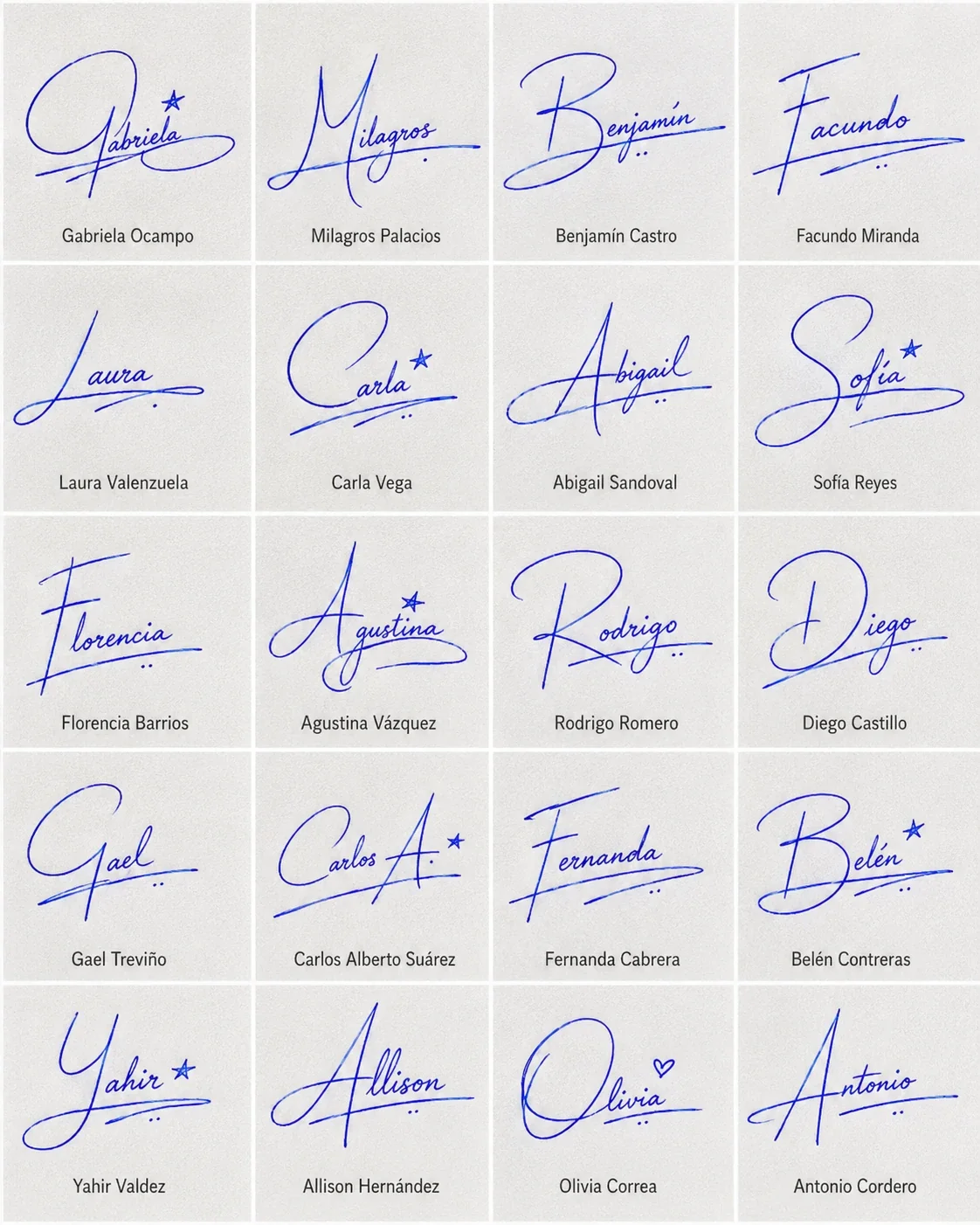 Collage de firmas bonitas para identificación con nombres latinos y estilos manuscritos claros.