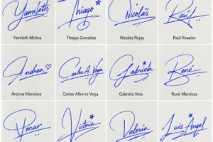 Collage de firmas bonitas para mi nombre con 20 ideas manuscritas para nombres latinos.