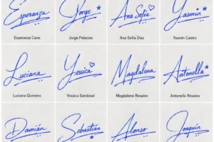 Collage de firmas bonitas y elegantes para usar como inspiración con 20 nombres latinos manuscritos.
