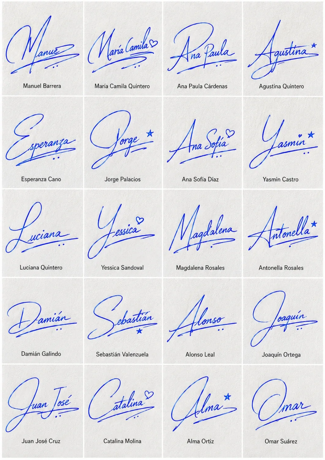 Firmas bonitas y elegantes para inspiración Collage de firmas bonitas y elegantes para usar como inspiración con 20 nombres latinos manuscritos.