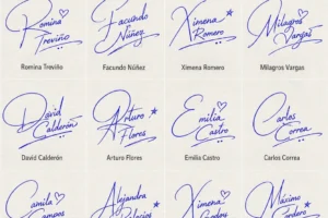 Collage de Firmas con Bucles y Curvas con 20 nombres latinos en estilo manuscrito.