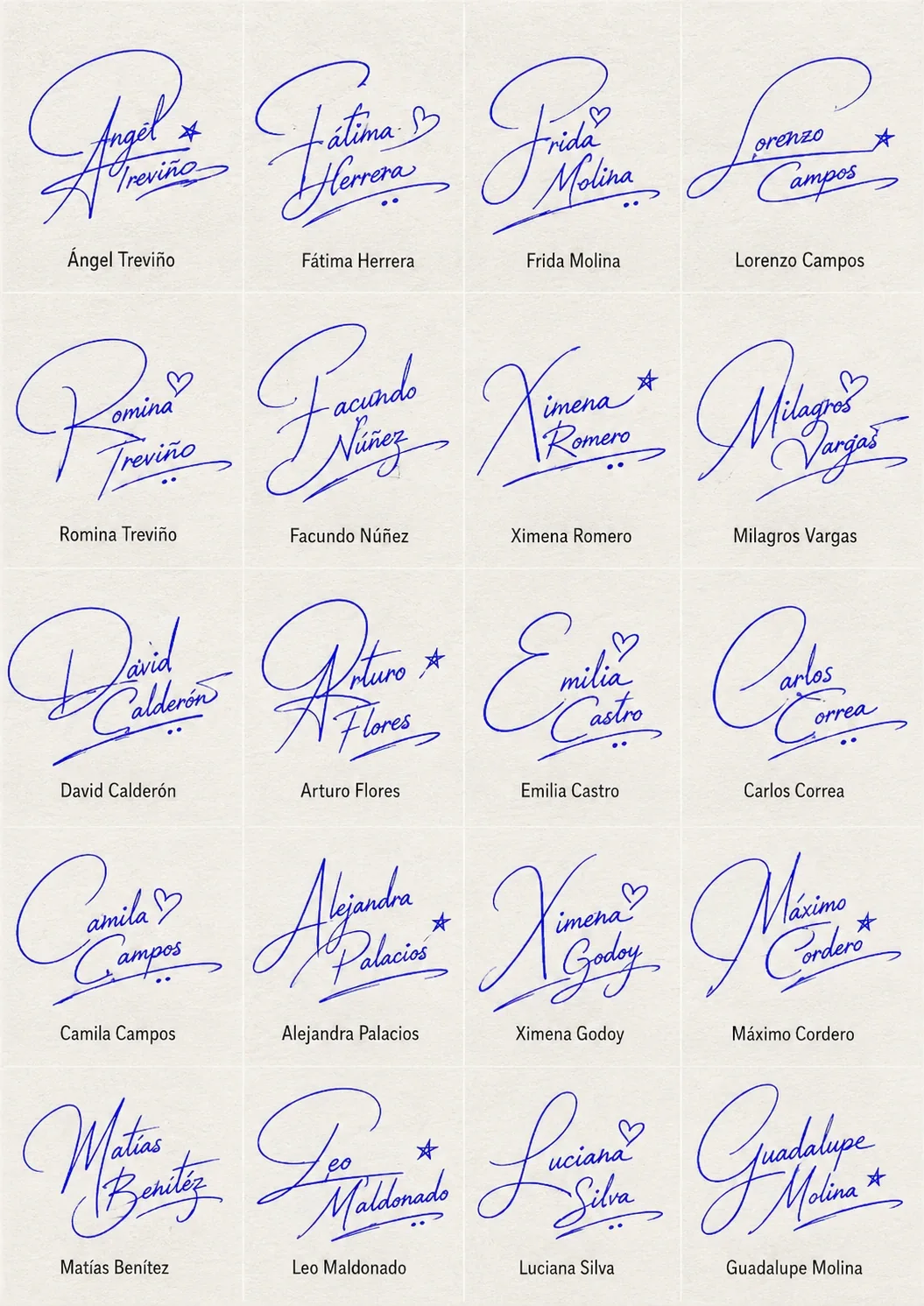 Firmas con Bucles y Curvas Collage de Firmas con Bucles y Curvas con 20 nombres latinos en estilo manuscrito.