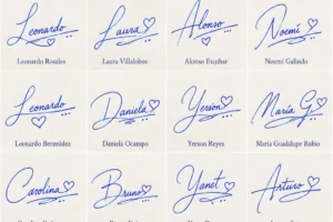 Collage de firmas con corazón para nombres latinos con diseños lindos y manuscritos.