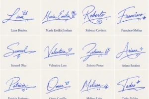 Collage de firmas con dibujos pequeños para nombres latinos con estilos originales.
