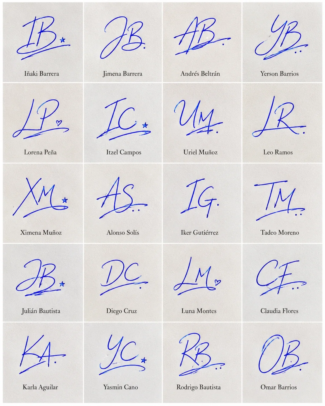 Firmas con dos iniciales: diseños cortos y bonitos Collage de firmas con dos iniciales en 20 diseños manuscritos cortos y bonitos.