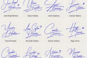 Collage de Firmas con Estilo Artístico con 20 nombres latinos en estilo manuscrito.