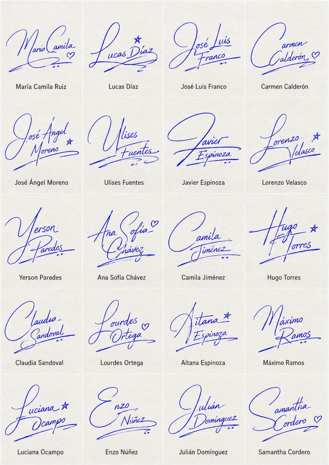 Firmas con Estilo Artístico Collage de Firmas con Estilo Artístico con 20 nombres latinos en estilo manuscrito.