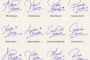 Collage de Firmas con Estilo de Pluma con 20 nombres latinos en estilo manuscrito.