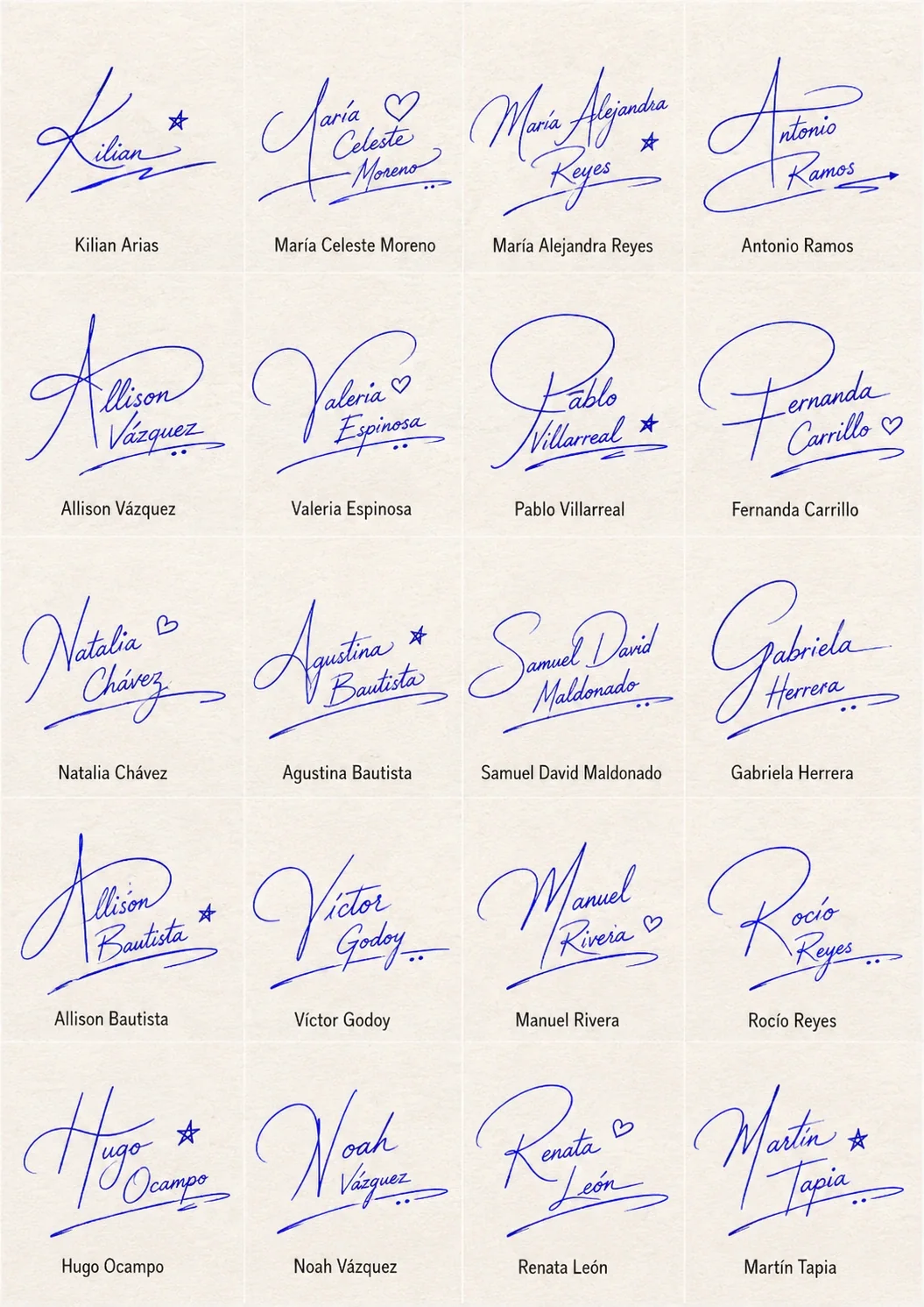 Firmas con Estilo de Pluma Collage de Firmas con Estilo de Pluma con 20 nombres latinos en estilo manuscrito.