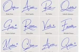 Collage de firmas con inicial del apellido y 20 rúbricas manuscritas en tinta azul.