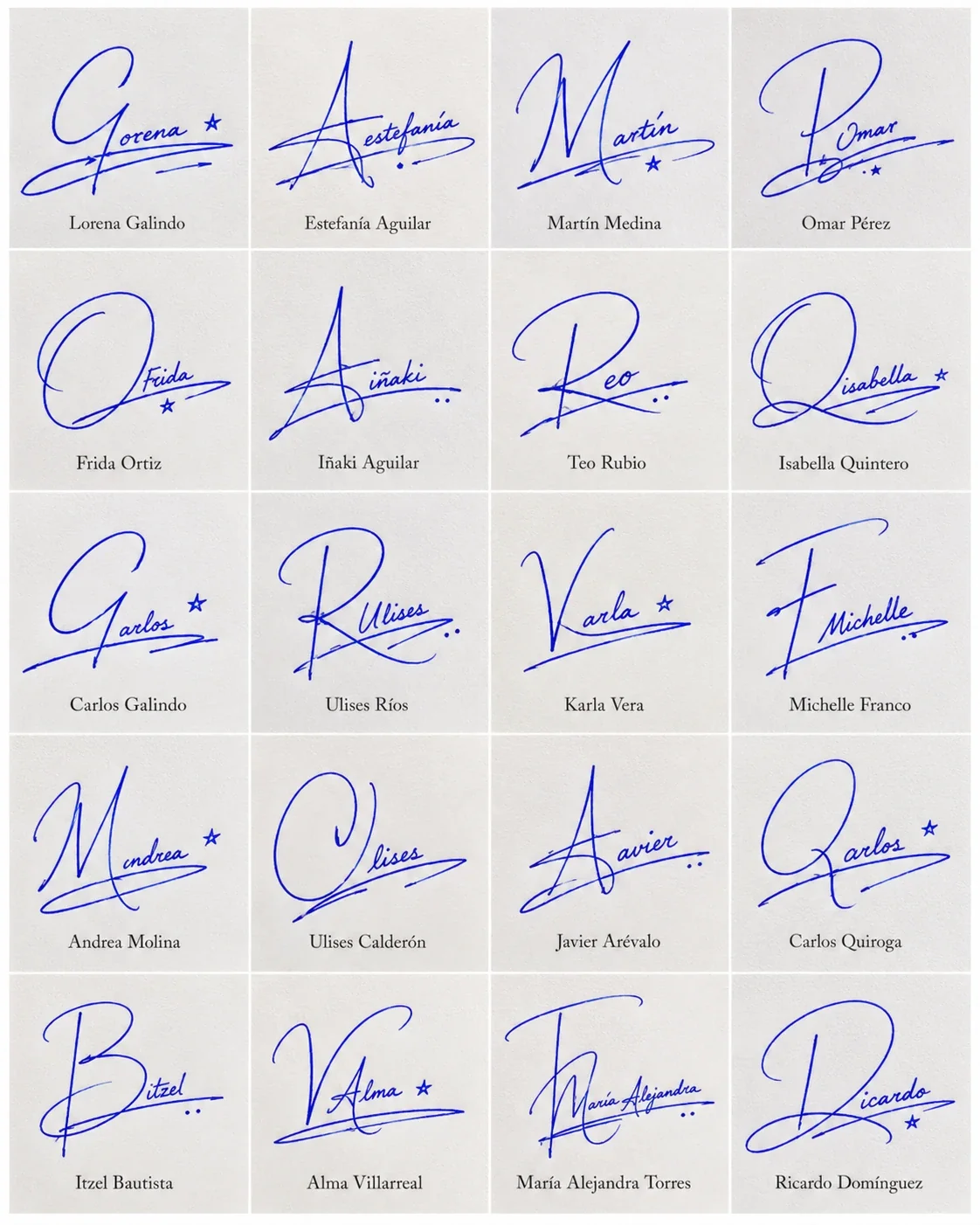Firmas con Inicial del Apellido: rúbricas elegantes Collage de firmas con inicial del apellido y 20 rúbricas manuscritas en tinta azul.