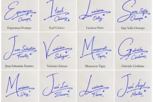 Collage de firmas con inicial del nombre y 20 ejemplos manuscritos en tinta azul.