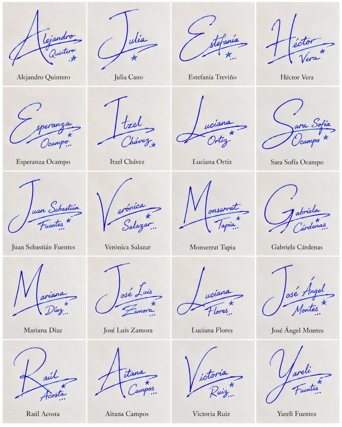 Firmas con Inicial del Nombre: ideas manuscritas Collage de firmas con inicial del nombre y 20 ejemplos manuscritos en tinta azul.