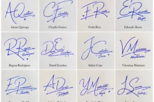 Collage de firmas con iniciales y pequeños fragmentos de nombre en 20 ejemplos manuscritos.