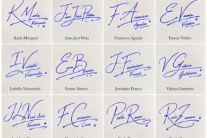 Collage de firmas con iniciales en cursiva con 20 nombres y enlaces manuscritos en tinta azul.