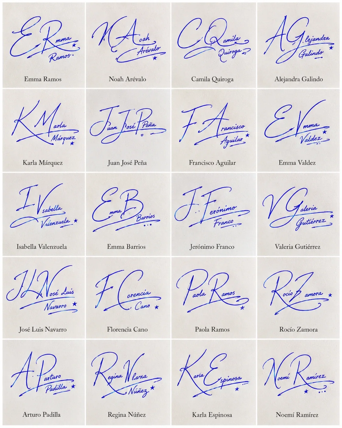 Firmas con Iniciales en Cursiva: ideas bonitas Collage de firmas con iniciales en cursiva con 20 nombres y enlaces manuscritos en tinta azul.