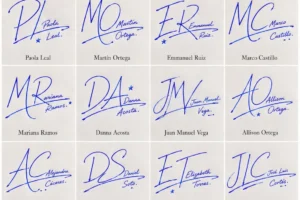Collage de firmas con iniciales grandes y 20 composiciones manuscritas modernas.