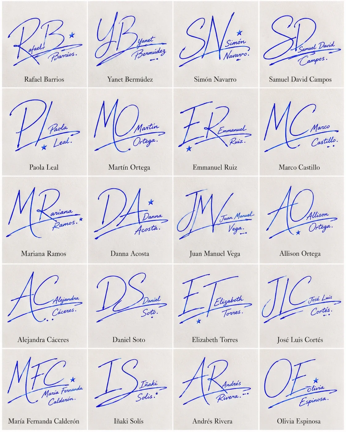 Firmas con Iniciales Grandes: estilos modernos Collage de firmas con iniciales grandes y 20 composiciones manuscritas modernas.