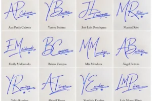 Collage de firmas con iniciales y apellido en 20 ejemplos manuscritos elegantes.