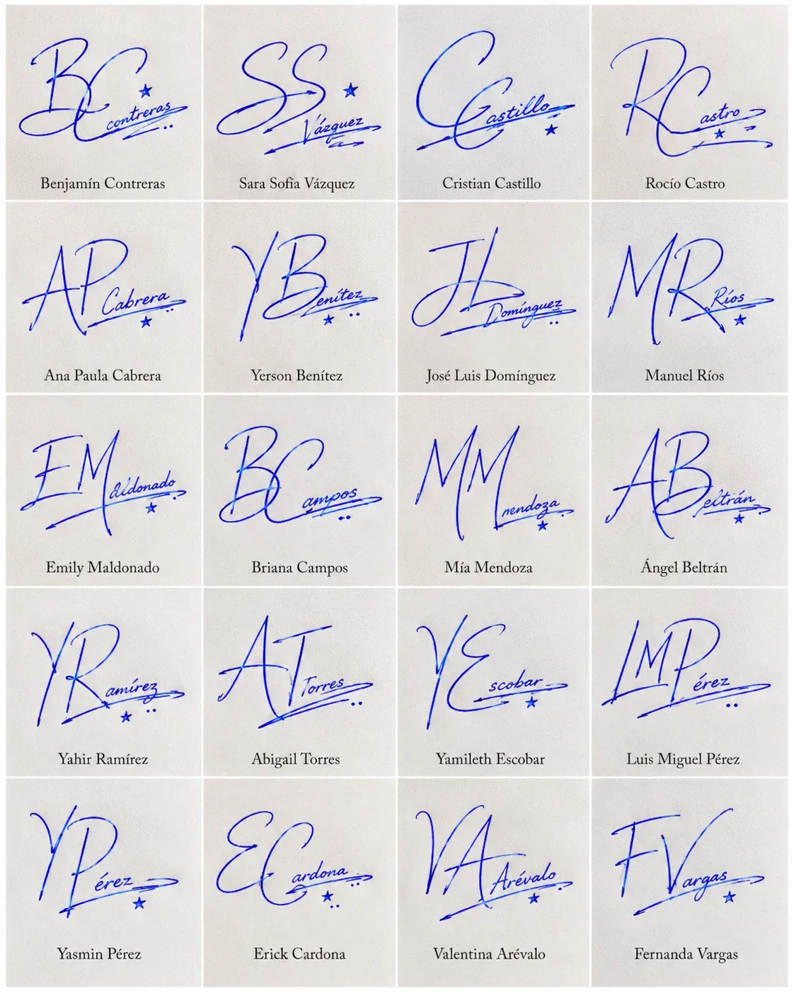 Firmas con iniciales y apellido: estilos elegantes Collage de firmas con iniciales y apellido en 20 ejemplos manuscritos elegantes.