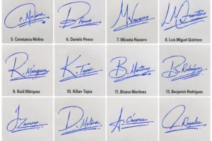 Collage de firmas con iniciales y subrayado con 20 ejemplos manuscritos en tinta azul.