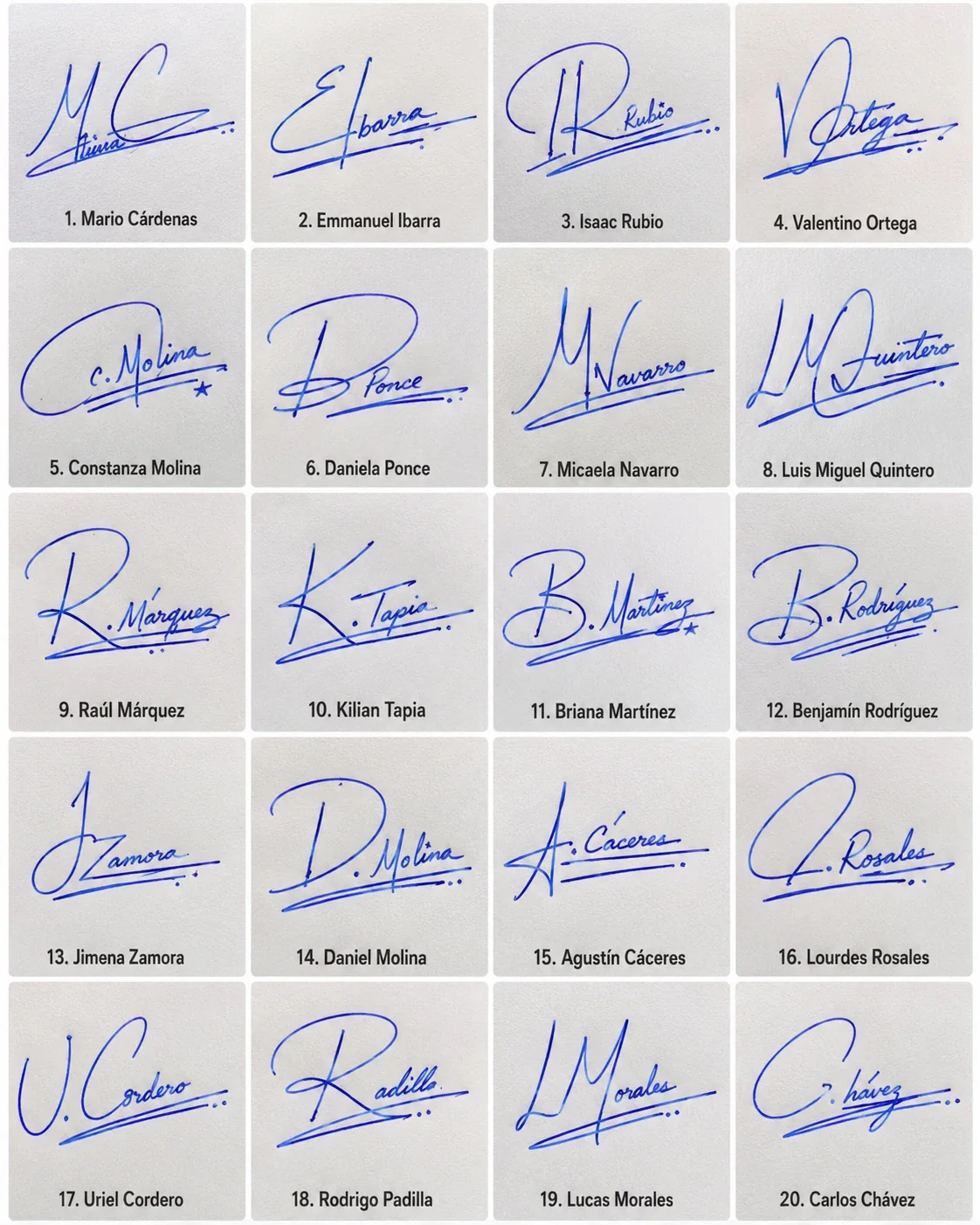 Firmas con Iniciales y Subrayado: 20 ejemplos Collage de firmas con iniciales y subrayado con 20 ejemplos manuscritos en tinta azul.