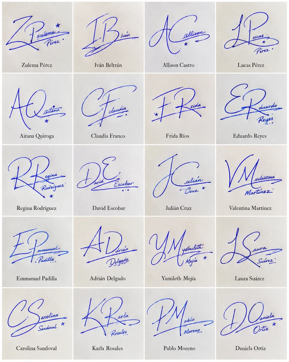 Collage de firmas con iniciales y pequeños fragmentos de nombre en 20 ejemplos manuscritos.