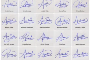 Collage de firmas con la letra A para nombres latinos en diseños elegantes manuscritos.