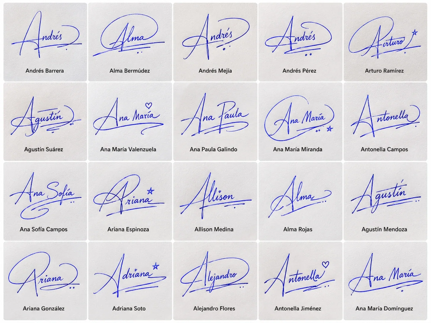 Firmas con la letra A para nombres latinos Collage de firmas con la letra A para nombres latinos en diseños elegantes manuscritos.