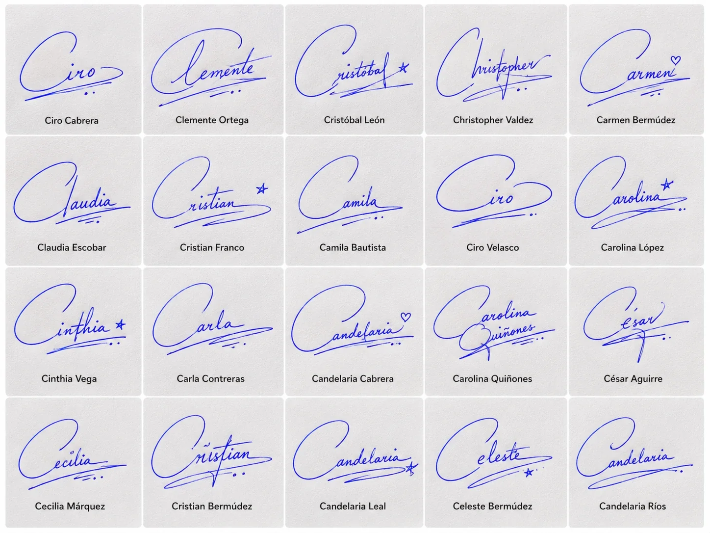 Firmas con la letra C elegantes Collage de firmas con la letra C para nombres latinos en estilos manuscritos elegantes.