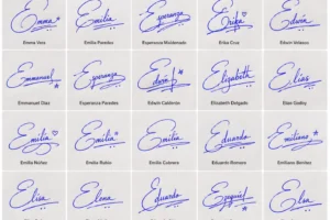 Collage de firmas con la letra E con ideas de rúbrica para nombres latinos.
