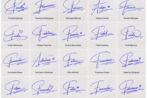 Collage de firmas con la letra F para nombres latinos en estilos manuscritos.