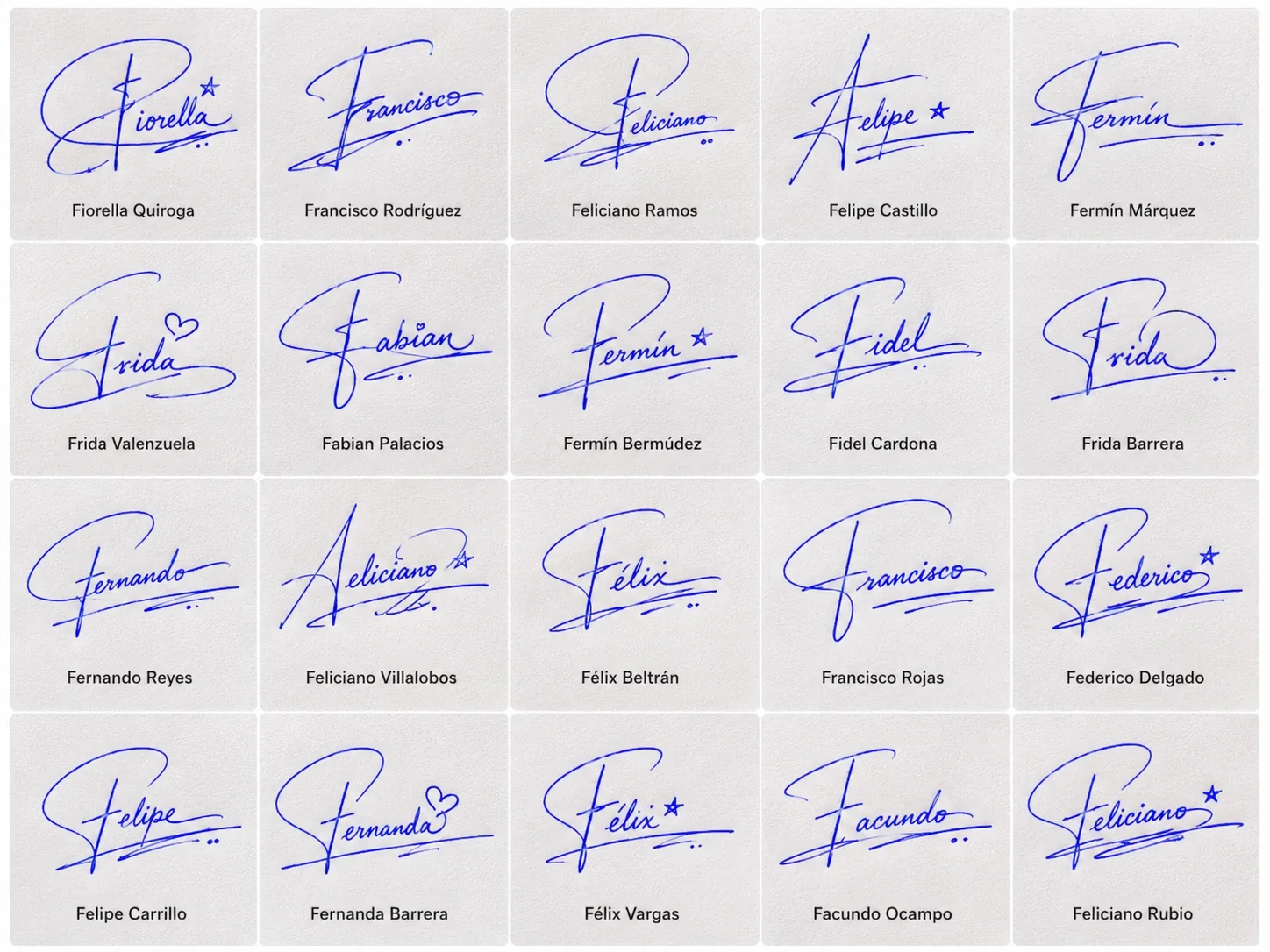 Firmas con la letra F manuscritas Collage de firmas con la letra F para nombres latinos en estilos manuscritos.