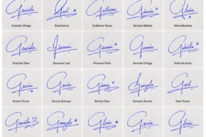 Collage de firmas con la letra G para nombres latinos con ideas elegantes manuscritas.