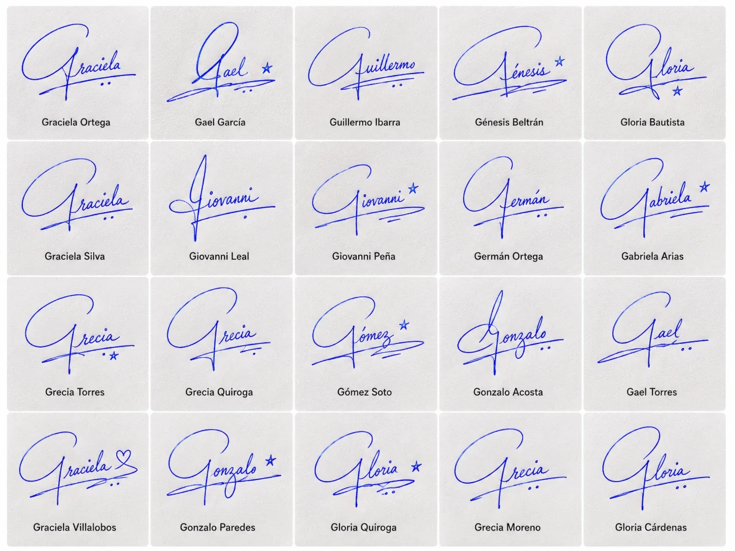 Collage de firmas con la letra G para nombres latinos con ideas elegantes manuscritas.