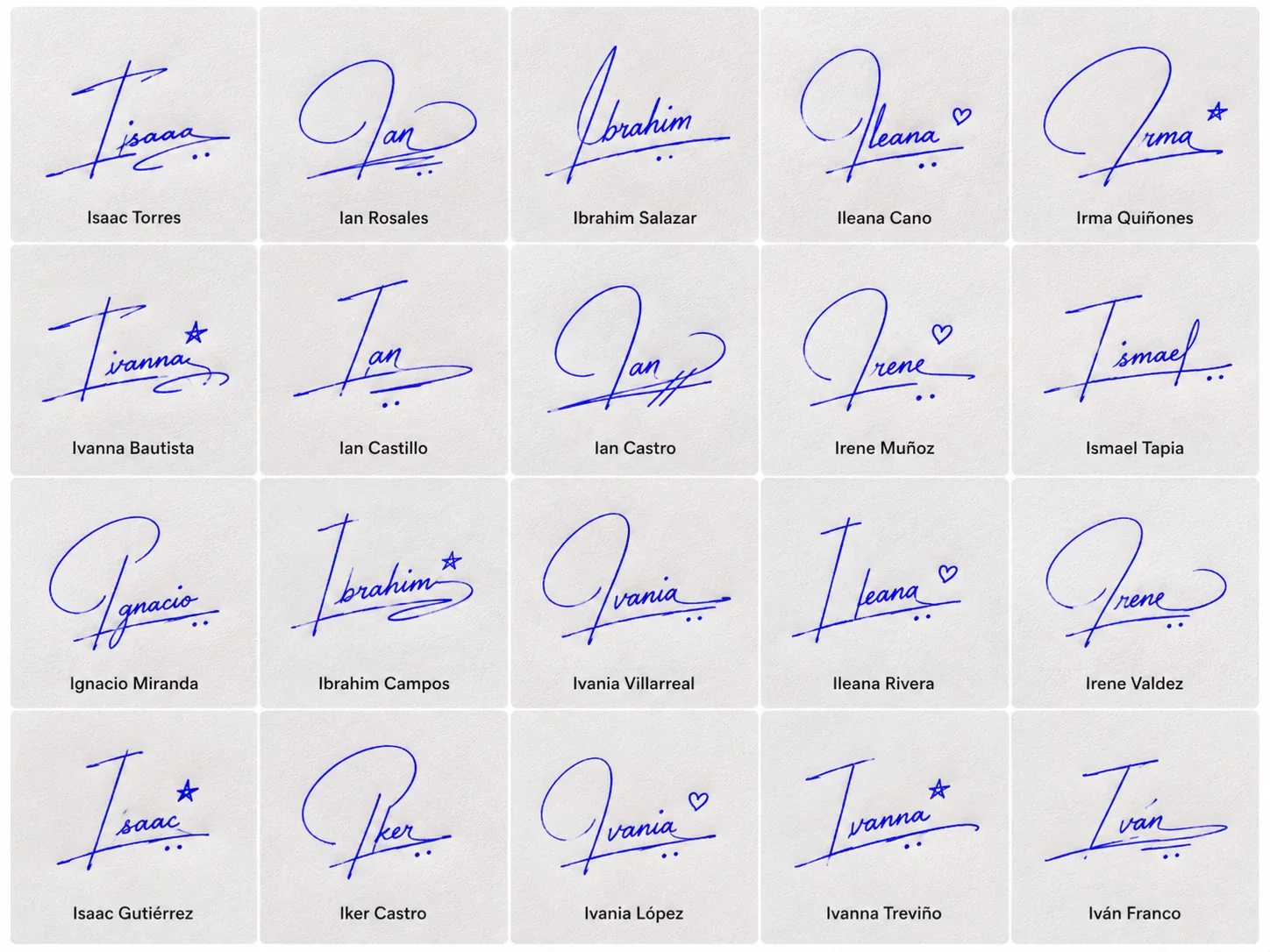 Collage de firmas con la letra I para nombres latinos con ideas cortas y elegantes.